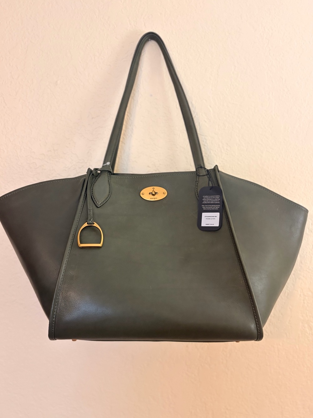 Margot Phoebe Large Olive Green Leather Tote Bag with Gold Hardware